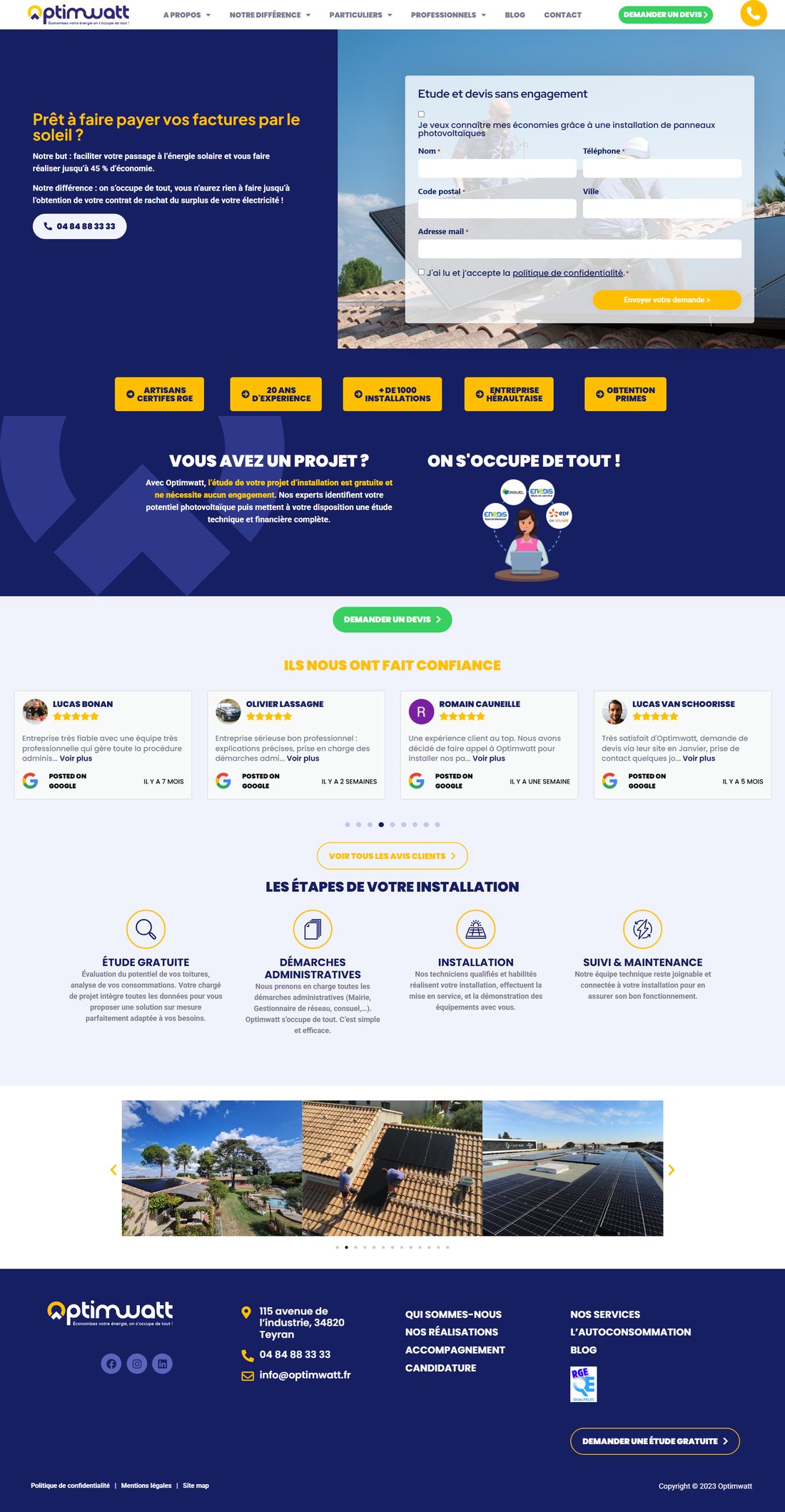 La landing page complète : promesse et formulaire dans le premier écran, puis réassurance, avis clients et étapes de l'installation.