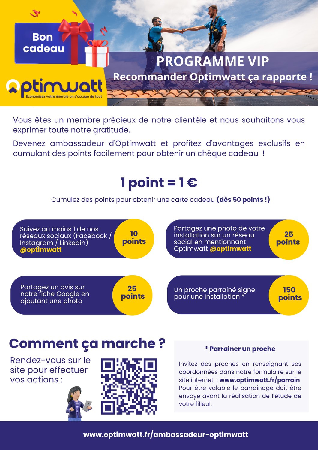 Le flyer « Programme VIP » remis au client le jour de la pose, puis renvoyé par mail après l'appel de suivi. Il détaille le barème de points.