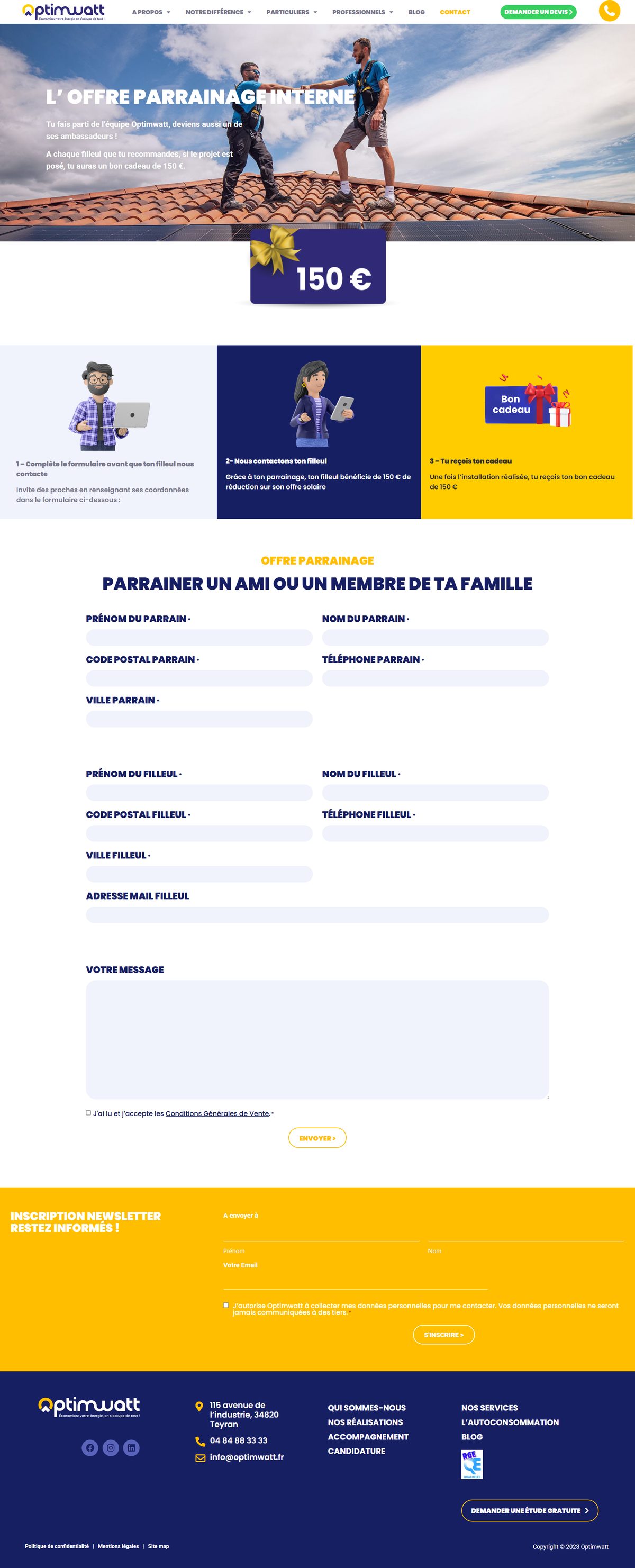 La page de parrainage sur le site : le principe en trois étapes, puis le formulaire parrain / filleul.